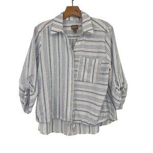 Chicos 2 Womens Striped crinkle Button-Up Shirt Size large tie front Blue White